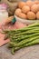 Ingrediens for delicious green asparagus quiche, tasty vegetarian food