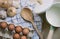 Ingredient in the kitchen with sunlight from the window. Close up view of ingredients of fried egg and vintage pot.