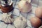 Ingredient in the kitchen with sunlight from the window. Close up view of ingredients of fried egg and vintage pot.