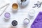 Ingredients for aromatherapy and spa, aromatic sea salt, towels and Chinese tea. Natural cosmetics, Spa kit for beauty and