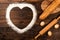 Ingredients of a bakery on a wooden background