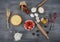 Ingredients for baking cake. Baking background banner. Ingredients variety for cooking dough on a dark rustic table. The recipe