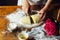 Ingredients for baking cake stuffed with fresh cherry pie. Female preparing cherry pie. Rustic dark style. See series recipe step