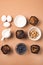 Ingredients for Baking Muffins Sugar Raw Blueberry Eggs Milk Flour Brown Background Top View Vertical