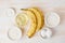 Ingredients for Banana bread. Step by step recipe. Banana, flour, egg, oil, sugar. White wooden table