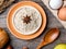 Ingredients for Breakfast Oatmeal Eggs Bread Apple Rustic Wooden background