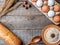 Ingredients for Breakfast Oatmeal Eggs Bread Apple Rustic Wooden background Copy space