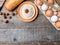 Ingredients for Breakfast Oatmeal Eggs Bread Apple Rustic Wooden background Copy space