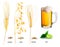 Ingredients for brewing beer. Realistic vector illustration of plants and glasses of beer.