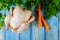 Ingredients for the chicken broth, whole chicken, herb and carrots