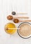 Ingredients for Christmas porridge on white table