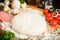 Ingredients for classical italian pizza with dough and vegetable