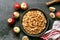 Ingredients and cooking an apple strudel. Fall pastry food. top view