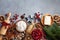 Ingredients for cooking Christmas baking. Flour, sugar, butter, cranberry and spices on kitchen table top view. Bakery background