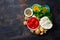 Ingredients cooking curry cauliflower dark background top view