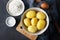 Ingredients for cooking Italian cuisine gnocchi - boiled potatoes, flour, egg and salt