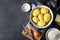 Ingredients for cooking Italian cuisine gnocchi - boiled potatoes, flour, egg and salt