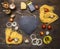 Ingredients for cooking pasta with quail eggs and parmesan cheese and cherry tomatoes, spices and oil on wooden rustic backgro