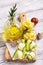 Ingredients for cooking pasta with vegetables - spaghetti, zucchini, tomatoes, garlic, rosemary, pepper