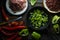 Ingredients for fajita and a knife on a cutting board.