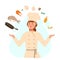 Ingredients for fish recipe, woman in cook uniform, people vector illustration