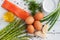 Ingredients for frittata with smoked trout and asparagus