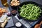 Ingredients for green bean casserole on a table