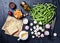 Ingredients for green bean casserole on a table