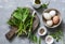Ingredients for green shakshuka - fresh spinach, garlic, ramson and organic farm eggs on grey background