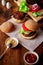 Ingredients for hamburger, cheeseburger. Wooden background. Home cooking hamburger. Food concept. Hamburger day