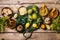 Ingredients for healthy hot drink. Lemon, ginger, honey, and turmeric in a bowls on a wooden background. Ambrosia, pollen and