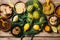 Ingredients for healthy hot drink. Lemon, ginger, honey, and turmeric in a bowls on a wooden background. Ambrosia, pollen and