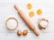 Ingredients for homemade pasta  flour and eggs on wooden background