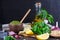 Ingredients for homemade pesto: basil, parmesan, pine nuts, garlic, olive oil