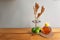 Ingredients for honey lime drink on wood  table and grey wall background in the living room in the house