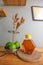 Ingredients for honey lime drink on wood  table and grey wall in the living room in the house