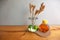 Ingredients for honey lime drink on wood  table and grey wall in living room in the house