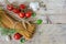 Ingredients for an Italian pasta meal with wholemeal spaghetti w