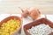 Ingredients for Italian peasant cuisine, pasta, beans and onions, backlit