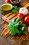 Ingredients for italy cuisine. Tomato spaghetti, herbs spices, olive oil and vegetables.