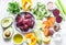 Ingredients for lunch - chicken liver, sweet potatoes, broccoli cabbage, bell peppers, beets, beans, spices, olive oil, zucchini,