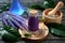 ingredients for making a lavender potion. leaves  flowers  bottles