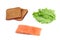 Ingredients for making sandwich. Salmon, fresh vegetables, bread,. Isolated on white background,