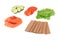 Ingredients for making sandwich. Salmon, fresh vegetables, tomatoes, crispbread,. Isolated on white background,