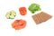 Ingredients for making sandwich. Salmon, fresh vegetables, tomatoes, crispbread,. Isolated on white background,