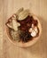 Ingredients for making Snail rice noodles on wooden table background, spices