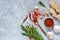 Ingredients for marinating meat, spices: rosemary, ginger,