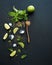 Ingredients for mojito. Fresh mint, limes, ice