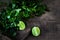 Ingredients for mojito. Fresh mint, limes, sugar over wooden ba