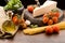 Ingredients for pasta with tomatoe sauce